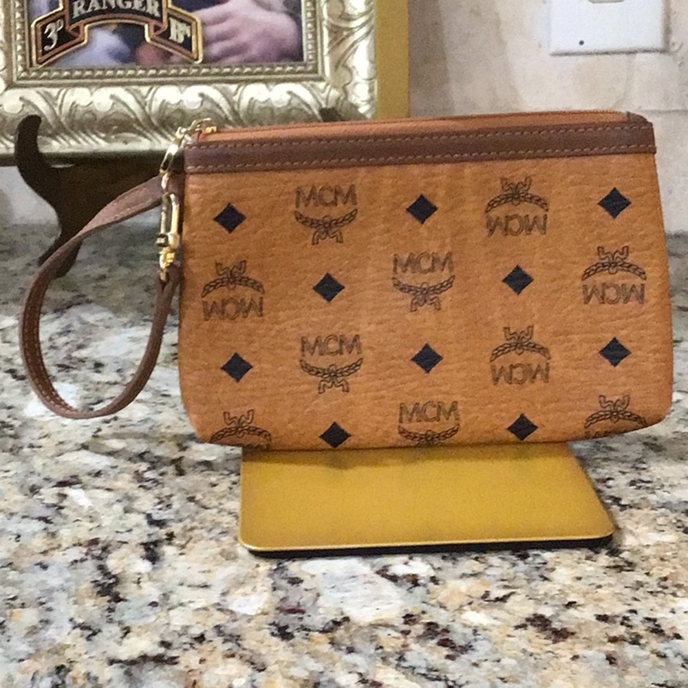 MCM Wristlet Clutch Cognac MonogramTrimmed Visetos Zippered Pouch Small